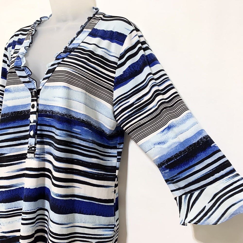 Karl Lagerfeld Womens L Blue Stripe Ruffle Collar 3/4 Sleeve Jersey Top Blouse - Picture 4 of 11